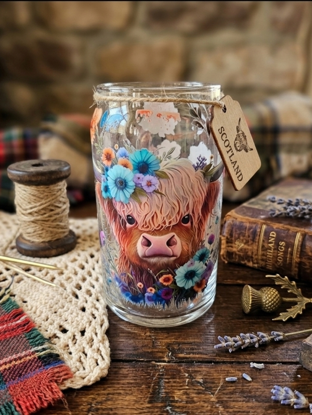Floral Highland Cow Glass Can Tumbler